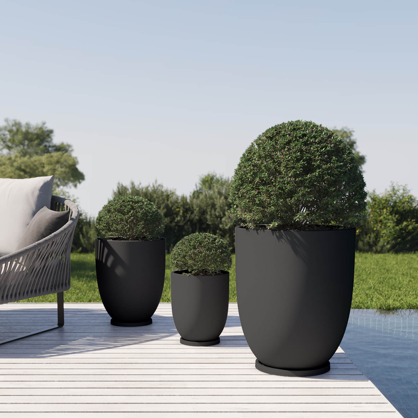 Maceta de plástico grande Amalfi Copa Conjunto con plato color negro 1